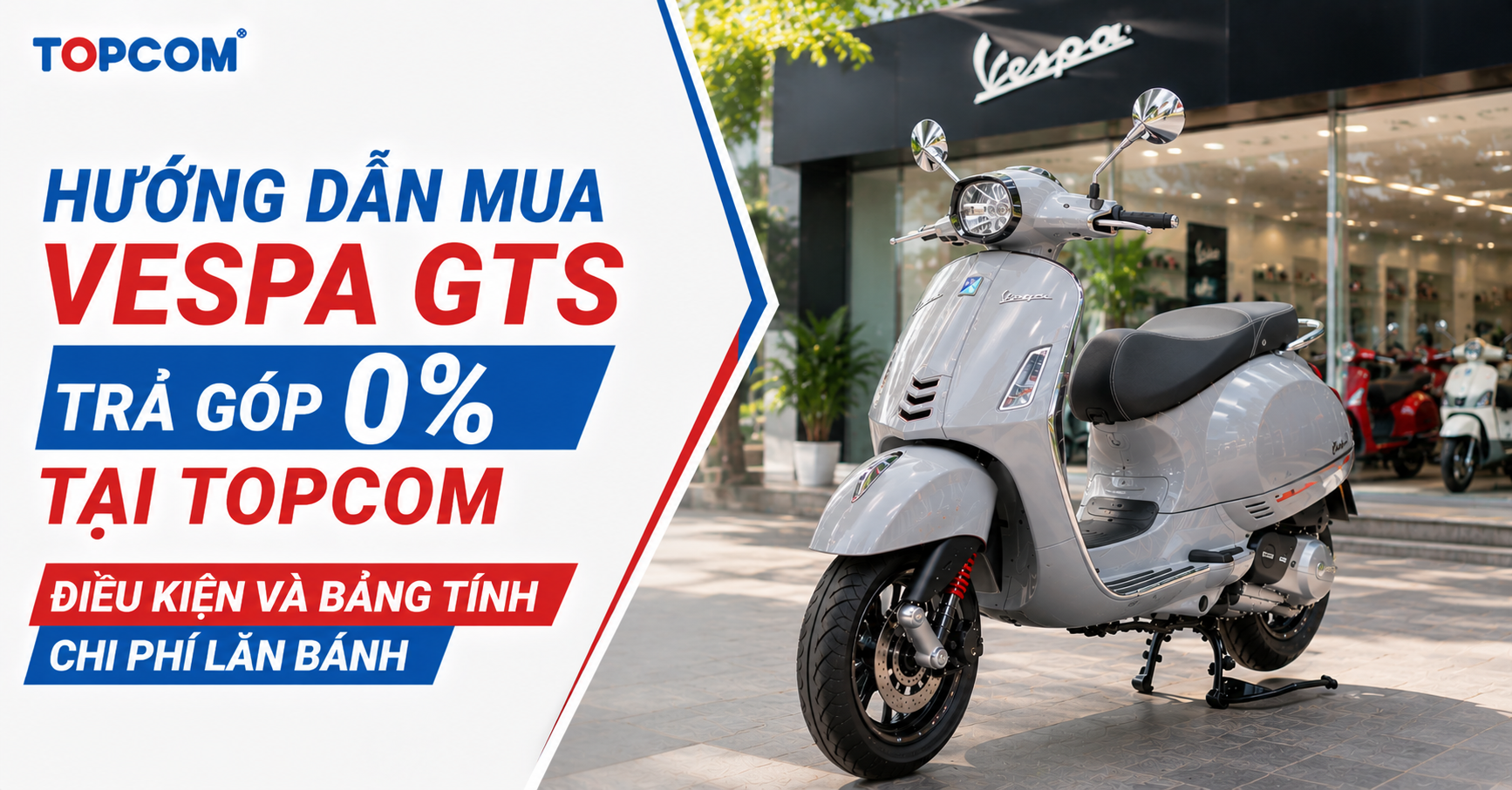 Hướng dẫn mua Vespa GTS trả góp 0% tại Topcom: Điều kiện và bảng tính chi phí lăn bánh Bạn đang cân nhắc mua Vespa GTS nhưng e ngại mức chi phí đầu tư ban đầu? Hiện tại, khách hàng hoàn toàn có thể mua xe thông qua chương trình trả góp 0% lãi suất qua thẻ tín dụng hoặc các công ty tài chính với thời gian duyệt hồ sơ chỉ trong 30 phút. Người mua chỉ cần chuẩn bị mức trả trước từ 30% - 50% giá trị xe, phần còn lại sẽ được chia nhỏ thanh toán từ 6 đến 12 tháng tùy theo kế hoạch tài chính cá nhân. Đánh giá nhanh Vespa GTS: Có xứng đáng để đầu tư trả góp? Vespa GTS ghi điểm bằng thiết kế bệ vệ, khả năng vận hành đầm chắc ở dải tốc độ cao và hệ thống an toàn vượt trội. Mẫu xe này được trang bị phanh ABS 2 kênh, công nghệ chống trượt ASR, đèn LED hai tầng và khối động cơ iGet/HPE hiệu suất cao. Là một người đã trực tiếp cầm lái Vespa GTS len lỏi qua các con phố đông đúc cũng như chạy đường trường, tôi nhận thấy đây không phải là chiếc tay ga dành cho những ai thích sự nhỏ nhắn. Dòng xe này mang trong mình một DNA hoàn toàn khác biệt. Trải nghiệm lái & Khung gầm: Khung xe liền khối bằng thép đặc trưng của Vespa kết hợp cùng trọng lượng bản thân lớn (lên đến 160kg) giúp xe không bị chao đảo khi chạy vượt ngưỡng 60 km/h (Nguồn: AutoPro - https://autopro.com.vn/danh-gia-vespa-gts-super-300-che-nhieu-nhung-de-yeu-20180111123412731.chn). Cảm giác dắt xe tại chỗ có thể hơi nặng nề, nhưng khi đã vặn ga, hệ thống treo cải tiến mang lại sự êm ái tối đa. Động cơ mạnh mẽ: Các phiên bản 125cc và 150cc sử dụng động cơ iGet làm mát bằng dung dịch, tối ưu cho việc đi lại hàng ngày trong phố. Riêng bản 300cc mang trong mình cỗ máy 300cc HPE (High Performance Engine) cung cấp khả năng tăng tốc bứt phá, phản hồi tay ga cực nhạy nhưng lại giảm mức tiêu hao nhiên liệu đáng kể so với thế hệ cũ (Nguồn: Vespa Australia - https://www.vespa.com/au_EN/models/gts/gts-300-4s4v-2025/). Công nghệ an toàn & Tiện nghi: Khắc phục nhược điểm của xe tay ga truyền thống, Vespa GTS được Piaggio trang bị hệ thống chống bó cứng phanh ABS hai kênh và công nghệ kiểm soát lực kéo ASR, giúp bánh sau không bị trượt khi tăng ga đột ngột trên nền đường trơn trượt (Nguồn: AutoPro - https://autopro.com.vn/xe-may/vespa-gts-2015-hoi-tu-cong-nghe-tien-tien-hon-2014042404383715.chn). Xe tích hợp chìa khóa thông minh Smartkey, cổng sạc USB và màn hình TFT màu (trên bản Super Tech) cho phép kết nối smartphone. Hướng dẫn thủ tục mua Vespa trả góp 0% lãi suất chi tiết Thủ tục mua Vespa trả góp hiện nay rất đơn giản và được số hóa tối đa. Bạn chỉ cần mang theo Căn cước công dân gắn chip hoặc thẻ tín dụng để thực hiện chuyển đổi trả góp với mức lãi suất 0% mà không cần phải chứng minh thu nhập phức tạp hay thế chấp tài sản. Việc chuẩn bị giấy tờ để mua xe trả góp không còn là rào cản. Tùy vào hình thức bạn chọn, các yêu cầu sẽ có sự khác biệt nhỏ: Hình thức trả góp qua thẻ tín dụng: Chủ thẻ quẹt thanh toán toàn bộ hoặc một phần giá trị xe, sau đó yêu cầu ngân hàng phát hành thẻ chuyển đổi số tiền này thành khoản trả góp hàng tháng. Quá trình này không yêu cầu giấy tờ tùy thân rườm rà. Hình thức vay qua công ty tài chính: Phù hợp với những khách hàng không có thẻ tín dụng ngân hàng. Đơn vị tín dụng sẽ giải ngân trực tiếp số tiền vay cho đại lý bán xe, người mua sẽ trả gốc và lãi định kỳ hàng tháng. Điều kiện duyệt hồ sơ nhanh tại đại lý Vespa trả góp Topcom Là đại lý Vespa trả góp uy tín và quy mô bậc nhất Đông Nam Á, Topcom (Trụ sở: 231 Lê Duẩn, Hai Bà Trưng, Hà Nội) cung cấp dịch vụ hỗ trợ tài chính cực kỳ linh hoạt, giải quyết hồ sơ siêu tốc. Điều kiện trả góp qua thẻ tín dụng tại Topcom: Sở hữu thẻ tín dụng của 1 trong hơn 25 ngân hàng đối tác liên kết. Hạn mức thẻ tín dụng hiện tại phải lớn hơn hoặc bằng số tiền bạn muốn trả góp. Được áp dụng mức lãi suất cố định 0%. Khách hàng chỉ cần thanh toán một khoản phí chuyển đổi giao dịch ban đầu (thu 1 lần duy nhất). Điều kiện trả góp qua công ty tài chính (HD Saison, Payoo...): Công dân Việt Nam nằm trong độ tuổi từ 18 tuổi đến 60 tuổi. Cung cấp thẻ Căn cước công dân (CCCD) gắn chip bản gốc hợp lệ. Hồ sơ được hệ thống xét duyệt online trong khoảng 30 phút, cam kết bảo mật thông tin và không cần gọi điện thẩm định người thân. Bảng giá và bài toán chi phí khi trả góp Vespa GTS 300 & GTS 150 Để lên kế hoạch trả góp Vespa GTS 300 hoặc GTS 150, người mua cần bám sát bảng giá bán lẻ đề xuất. Mức giá xe hiện dao động từ 100.000.000 VNĐ cho bản 125cc đến 172.000.000 VNĐ cho phiên bản giới hạn 80th, tương ứng với số tiền trả trước từ 30 đến 86 triệu VNĐ. Bảng giá niêm yết Vespa GTS tháng 07/2026 Dưới đây là bảng giá bán lẻ đề xuất (đã bao gồm thuế GTGT) cho các mẫu Vespa GTS đang được sản xuất tại Việt Nam, cập nhật theo chính sách từ Piaggio: Loại xe Phiên bản Giá bán lẻ đề xuất (VNĐ) Nguồn gốc Vespa GTS 125 Tiêu chuẩn 100.000.000 Sản xuất tại Việt Nam Vespa GTS 150 Classic 126.500.000 Sản xuất tại Việt Nam Vespa GTS 150 Super Sport 137.000.000 Sản xuất tại Việt Nam Vespa GTS 300 Super Tech MY22 158.600.000 Sản xuất tại Việt Nam Vespa GTS 300 Super Tech 80th 172.000.000 (*) Sản xuất tại Việt Nam (Lưu ý: Mức giá của phiên bản GTS Super Tech 300 80th đã bao gồm phần quà tặng là mũ bảo hiểm 80th độc quyền từ hãng.) Bảng tính chi phí trả góp Vespa GTS 300 minh họa Để giúp bạn hình dung bức tranh tài chính, dưới đây là bài toán tính toán chi phí minh họa nếu bạn chọn trả góp Vespa GTS 300 bản Super Tech MY22 thông qua công ty tài chính: Giá xe niêm yết: 158.600.000 VNĐ. Mức thanh toán trước (50%): 79.300.000 VNĐ. Khoản tiền cần vay lại (50%): 79.300.000 VNĐ. Kỳ hạn vay: 12 tháng. Gốc và lãi ước tính phải trả hàng tháng: Khoảng 7.200.000 VNĐ – 7.500.000 VNĐ (Con số này có thể dao động nhẹ phụ thuộc vào biểu lãi suất cố định của tổ chức tín dụng tại đúng thời điểm xuất hóa đơn). Bên cạnh giải pháp tài chính linh hoạt, khi mua xe tại Topcom, khách hàng được trải nghiệm tiêu chuẩn dịch vụ 5 sao. Hệ thống showroom có phòng chờ VIP sang trọng, dịch vụ giao xe bằng xe tải chuyên dụng tận nhà và hotline cứu hộ 0989 35 6699 hoạt động liên tục. Các câu hỏi thường gặp (FAQ) khi mua Vespa GTS Khách hàng thường thắc mắc về việc hồ sơ có nợ xấu trên CIC, khả năng giao xe đi tỉnh xa và chi phí bảo dưỡng thực tế của dòng GTS. Topcom có đội ngũ tư vấn trực tiếp xử lý các ca hồ sơ khó và minh bạch toàn bộ bảng giá dịch vụ. Có nợ xấu trên CIC thì có mua xe trả góp được không? Nếu bạn vay qua các công ty tài chính, hệ thống sẽ tự động từ chối nếu bạn có lịch sử nợ xấu từ nhóm 3 trở lên. Tuy nhiên, nếu bạn sử dụng thẻ tín dụng và thẻ vẫn đang ở trạng thái hoạt động bình thường, không bị ngân hàng khóa, giao dịch quẹt thẻ trả góp 0% vẫn được tiến hành bình thường. Tôi ở tỉnh khác có mua xe trả góp qua Topcom được không? Có. Topcom hiện hỗ trợ xét duyệt hồ sơ trả góp online trên phạm vi toàn quốc. Khi hồ sơ vay được duyệt thành công, hệ thống showroom sẽ sắp xếp xe tải chuyên dụng giao Vespa GTS tận nhà cho bạn, loại bỏ nỗi lo phải di chuyển quãng đường dài. Chi phí nuôi và bảo dưỡng Vespa GTS có tốn kém không? Các định kiến về việc sửa chữa xe Ý đắt đỏ đã là câu chuyện của quá khứ. Động cơ iGet và HPE thế hệ mới được tinh chỉnh kỹ lưỡng mang lại độ bền bỉ cao và tối ưu lượng nhiên liệu tiêu thụ. Đồng thời, mọi phụ tùng thay thế và dịch vụ bảo dưỡng tại Topcom đều được niêm yết công khai, minh bạch, giúp bạn hoàn toàn an tâm trong suốt vòng đời sử dụng xe.