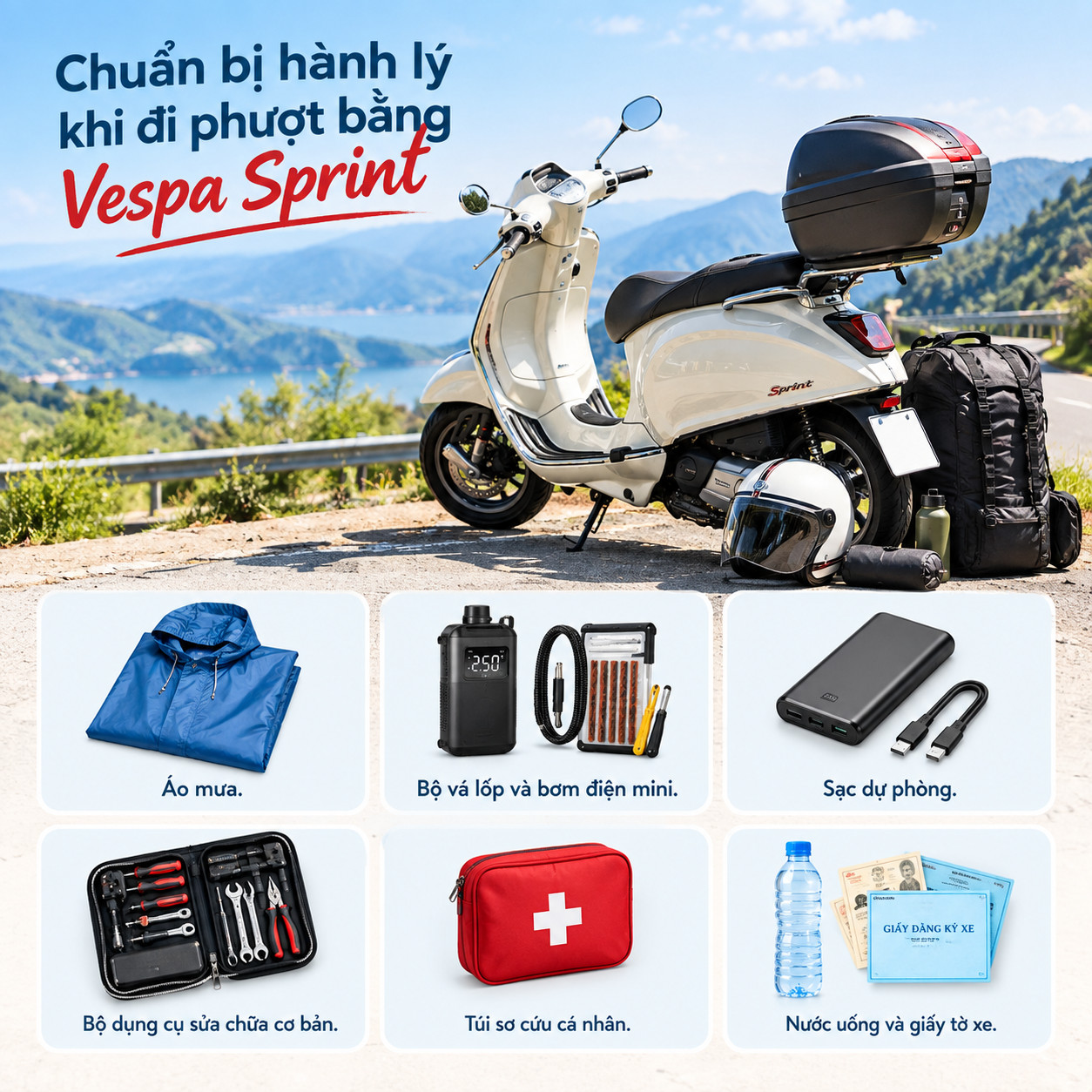 chuẩn bị hành lý khi đi phượt bằng vespa sprint