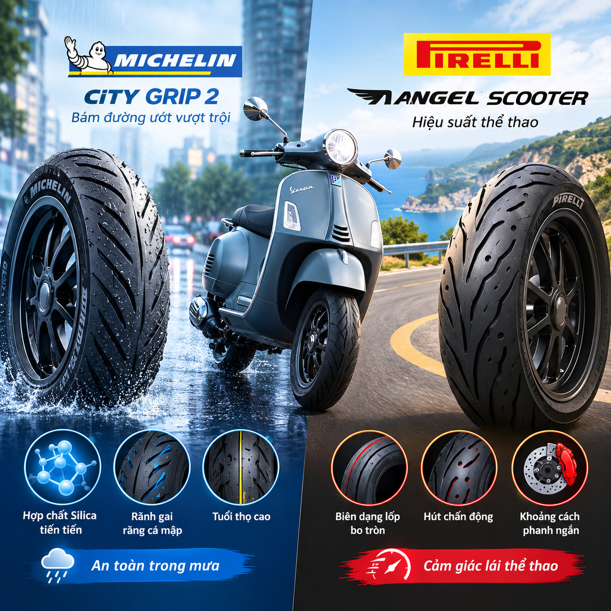 lốp michelin và lốp pirelli cho Vespa GTS