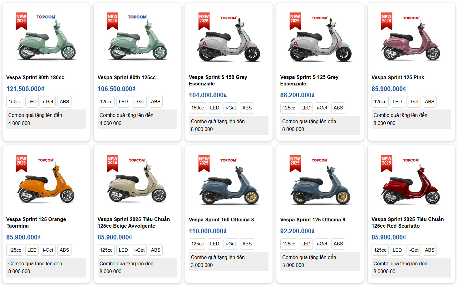 một số mẫu xe Vespa sprint tại topcom