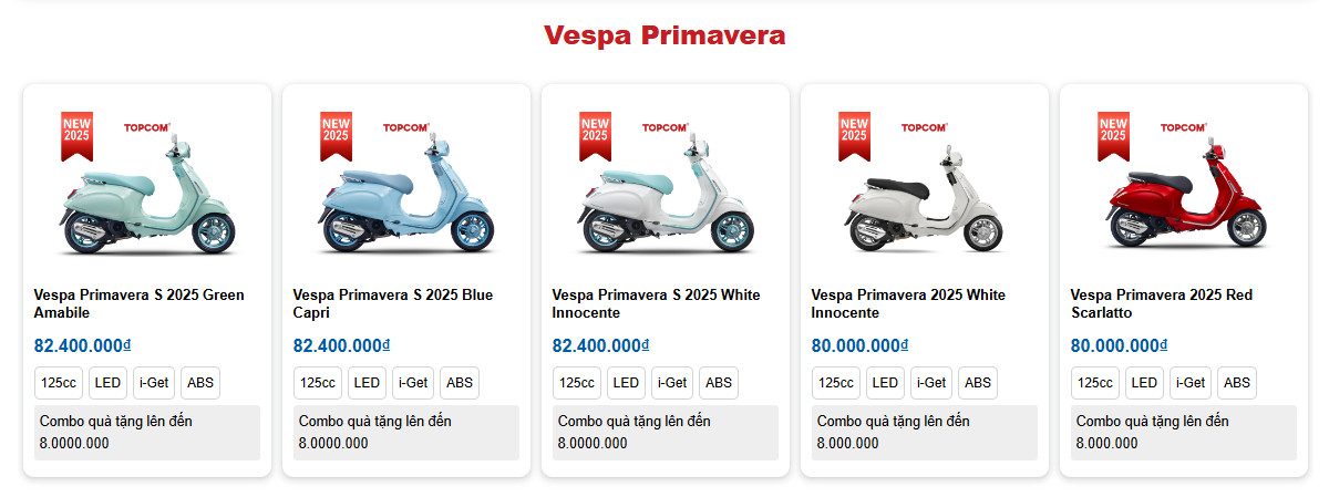 bảng giá một số mẫu xe vespa primavera
